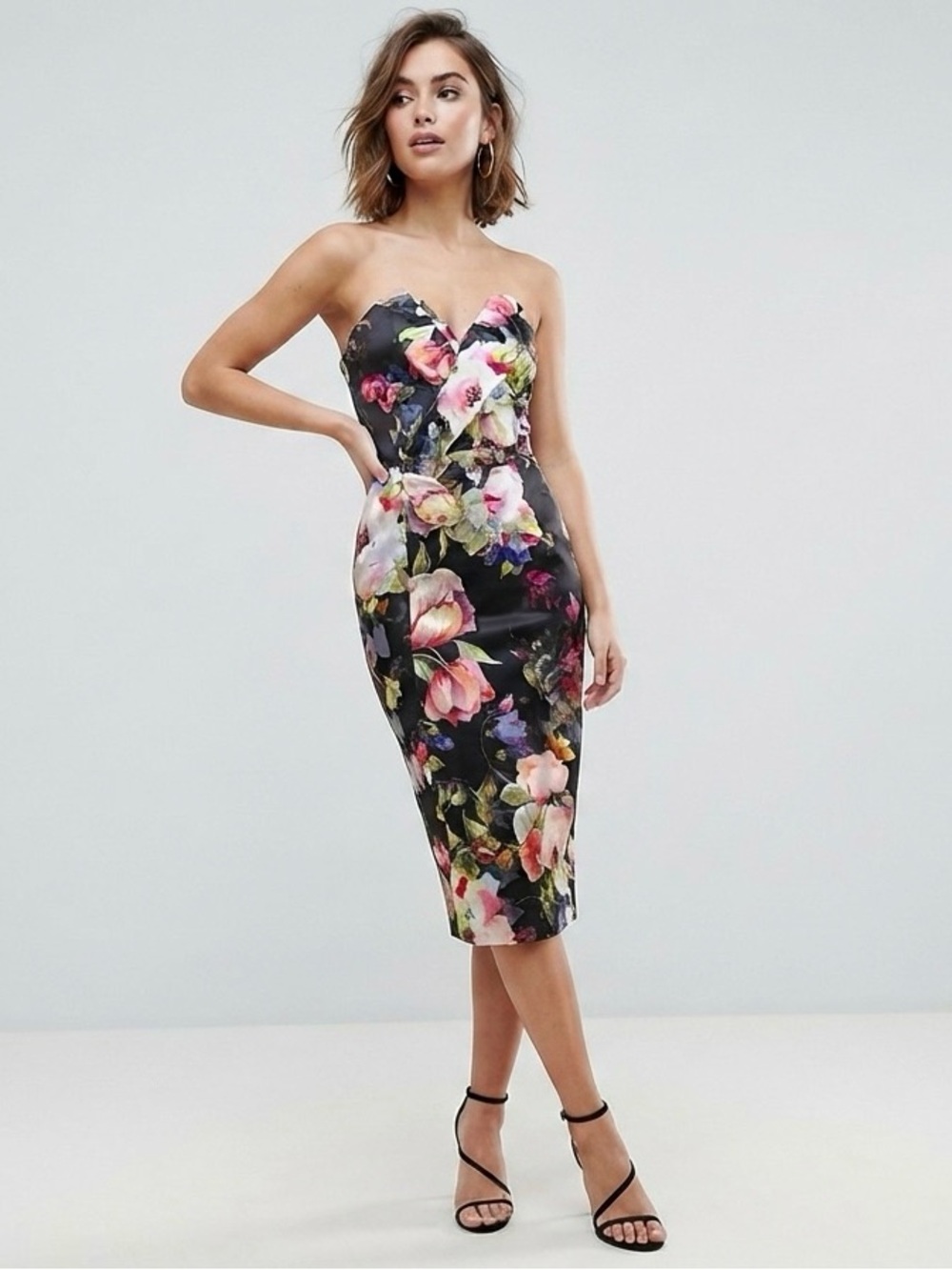 ASOS Strapless Floral Pencil Dress with Asymmetrical Sweetheart Neckline